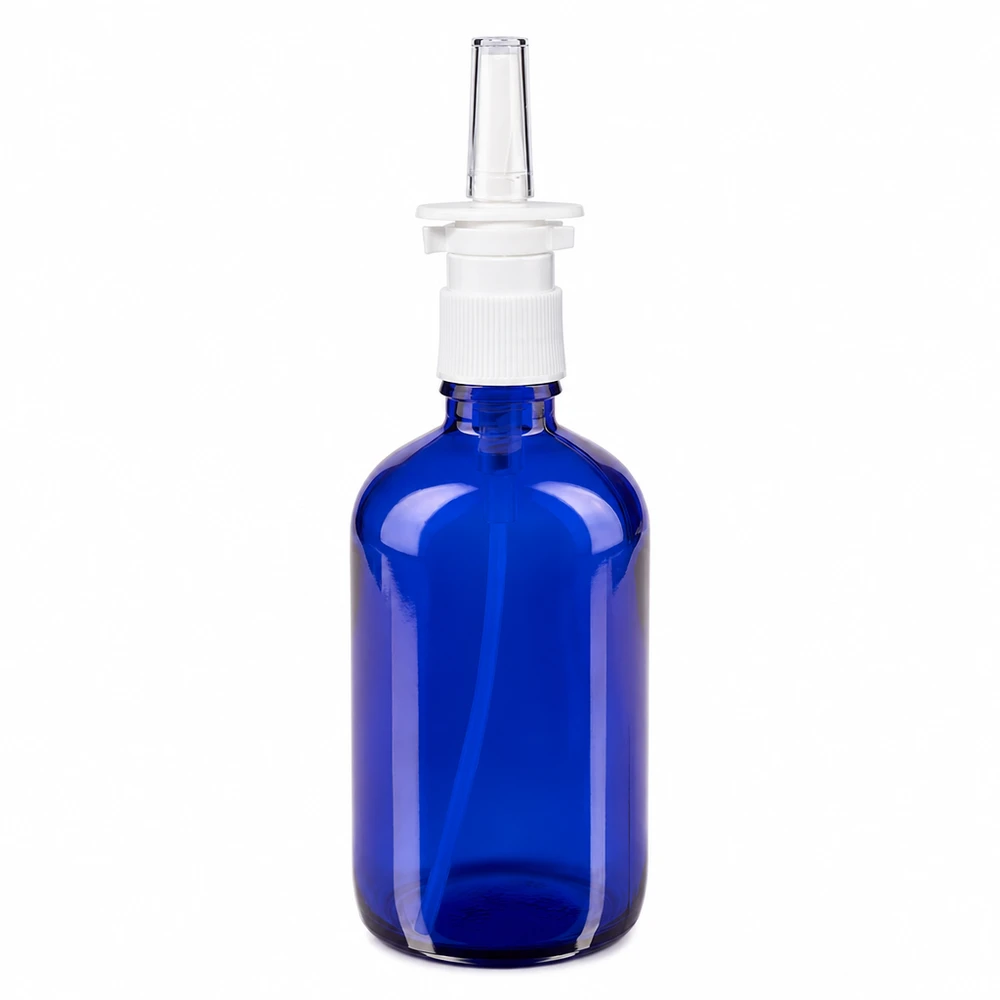 Frasco azul de 100 ml para spray nasal, de cristal de farmacia, con pulverizador blanco y boquilla transparente