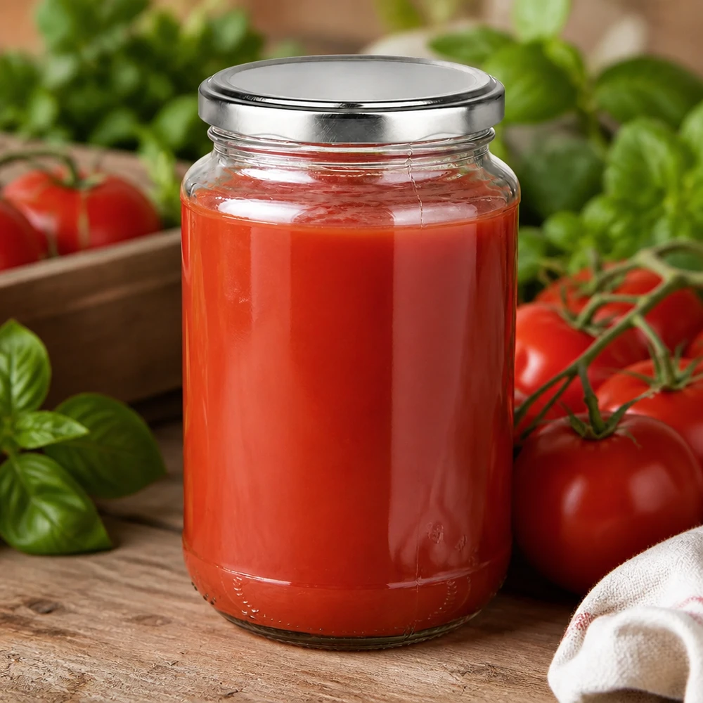 Salsa de tomate casera envasada en un frasco redondo de cristal UniTwist de 320 ml con tapa BasicSeal plateada