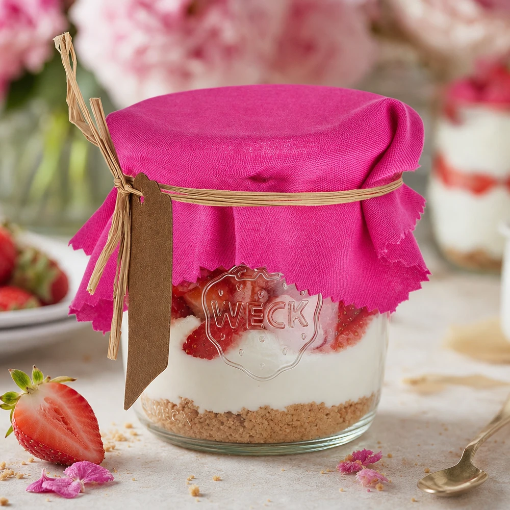 Alfombra de tela rosa cuadrada de 12 cm Decoración DIY para tarro de conserva con postre de fresa e instrucciones de manualidades