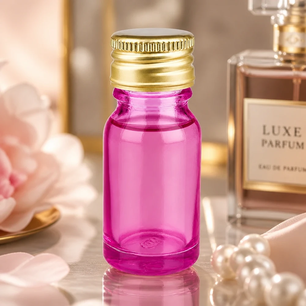 Frasco de 10 ml de alta calidad con elegante vidrio morado y tapón de aluminio dorado de primera calidad para productos de lujo