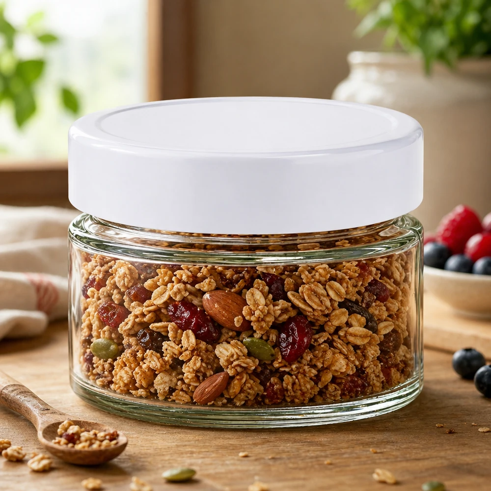 Tarro redondo de 130ml con tapa BasicSeal blanco UNiTWIST Tarro redondo de 130 ml UNiTWIST con tapa BasicSeal lleno de mezcla de muesli - almacenamiento de frutos secos