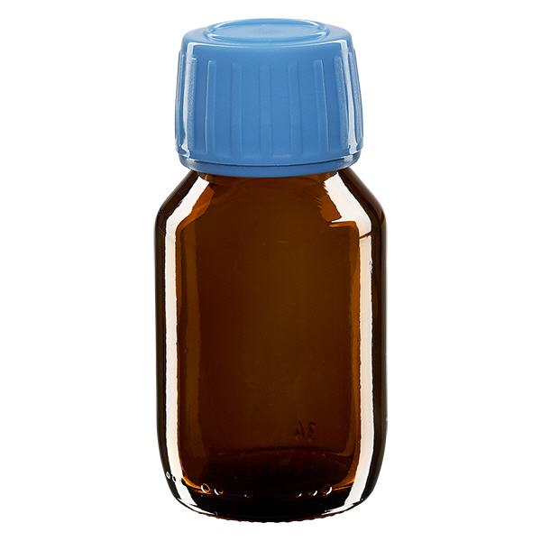 Frasco medicamento 50ml marrón, tapón azul con precinto de seguridad ApoGlas Frasco medicamento 50ml marrón, tapón azul con precinto de seguridad ApoGlas