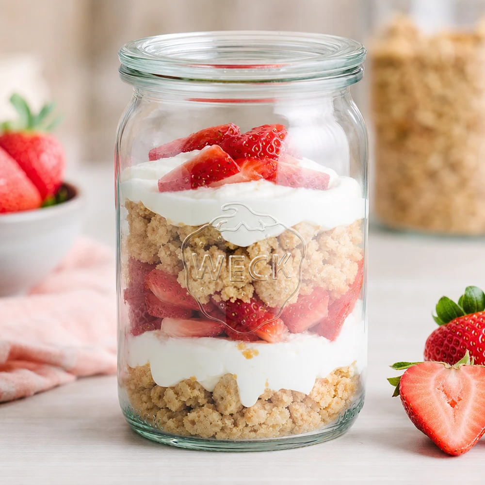 Tarro cilíndrico RR40 de 145 ml de WECK como tarro de postre con capas de fresas y nata sobre una encimera de cocina blanca