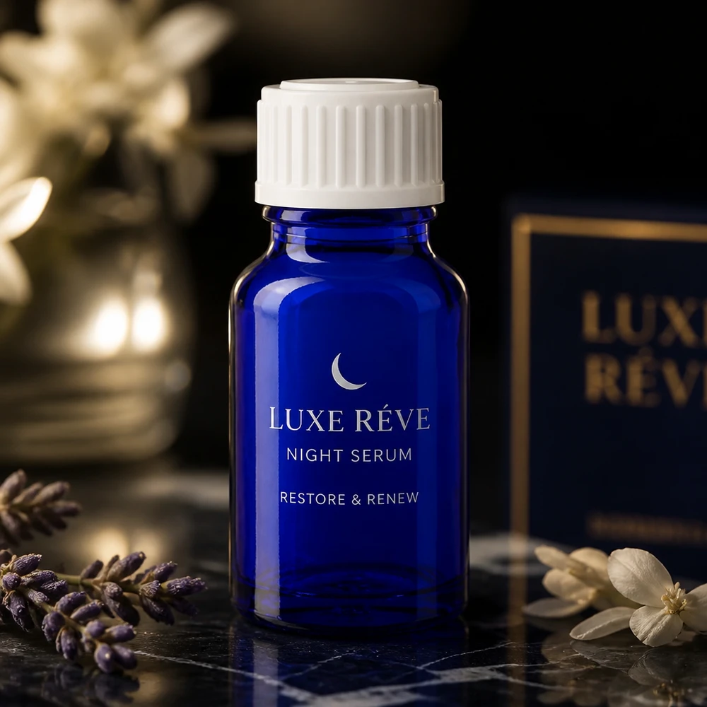 Botella de farmacia azul 10ml tapón rosca blanco estándar Sérum nocturno Luxe Reve en frasco de farmacia azul cobalto de 10 ml con tapón de rosca blanco