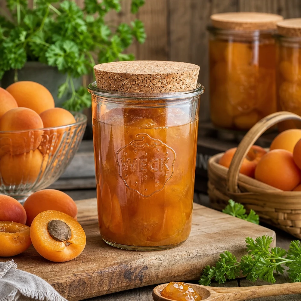 Vaso de 850ml WECK RR100 con corcho natural WECK RR100 Tarro de 850 ml con tapón de corcho lleno de mermelada de albaricoque junto a albaricoques frescos sobre una mesa de madera