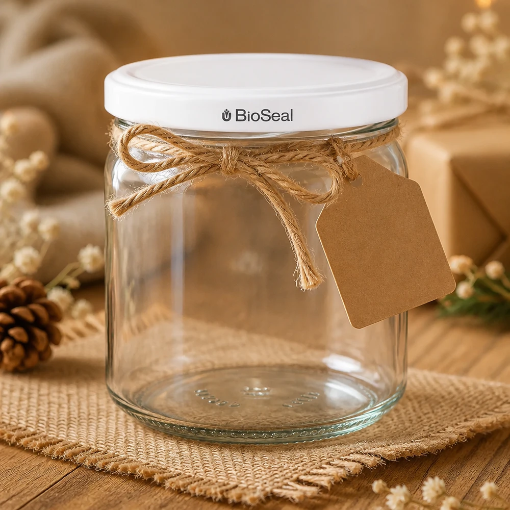 Tarro redondo de 408ml con tapa blanca BioSeal UNiTWIST UNiTWIST Runda408 dekorativ mit Juteschleife und Geschenkanhänger - stilvoll verpacktes Einmachglas als Geschenkidee