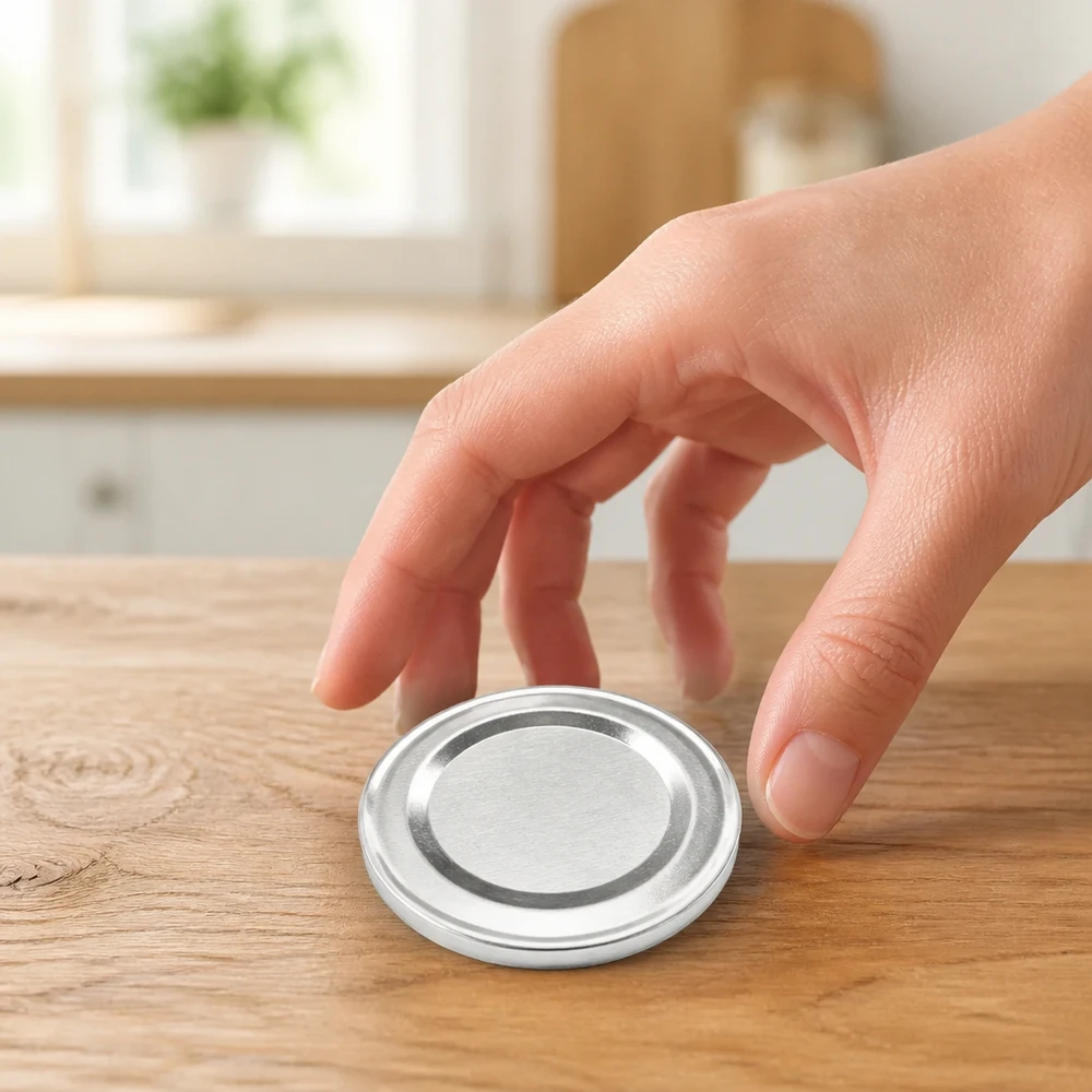 Una mano coge una tapa plateada de 43 mm del modelo TO43 con cierre de rosca sobre una mesa de madera en la cocina