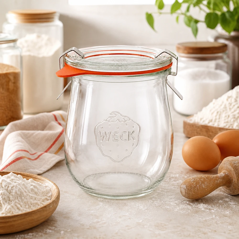 WECK tarro tulipán 220ml RR60 en pastelería con harina huevos y utensilios de cocina tarro conservador para ingredientes de pastelería