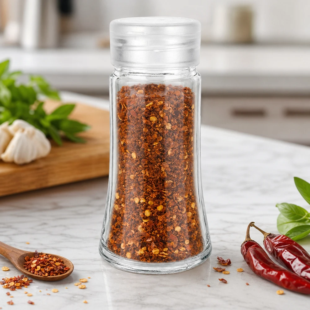 Frasco transparente para especias de 95 ml con tapa dosificadora blanca, lleno de copos de chile, en una cocina de mármol