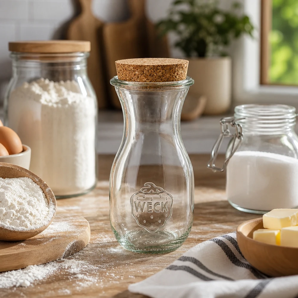 290ml botella de zumo WECK RR60 con corcho natural Botella de zumo WECK 290ml RR60 vacía en cocina rodeada de ingredientes de repostería harina leche mantequilla sobre tabla de madera estilo casa de campo