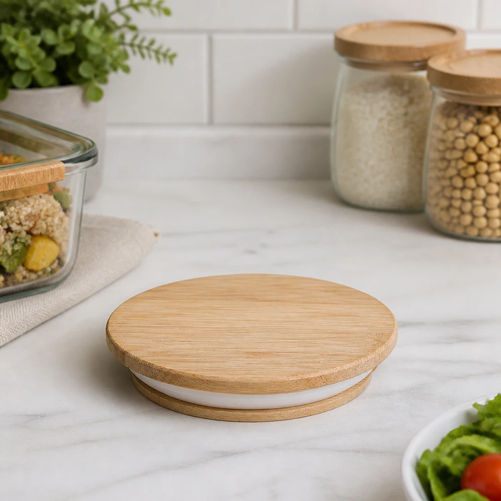 Tapa de madera (haya) sin impresión para WECK RR80 WECK RR80 tapa de madera sobre encimera de mármol con tarros de almacenaje y recipientes de preparación de comidas en una cocina moderna