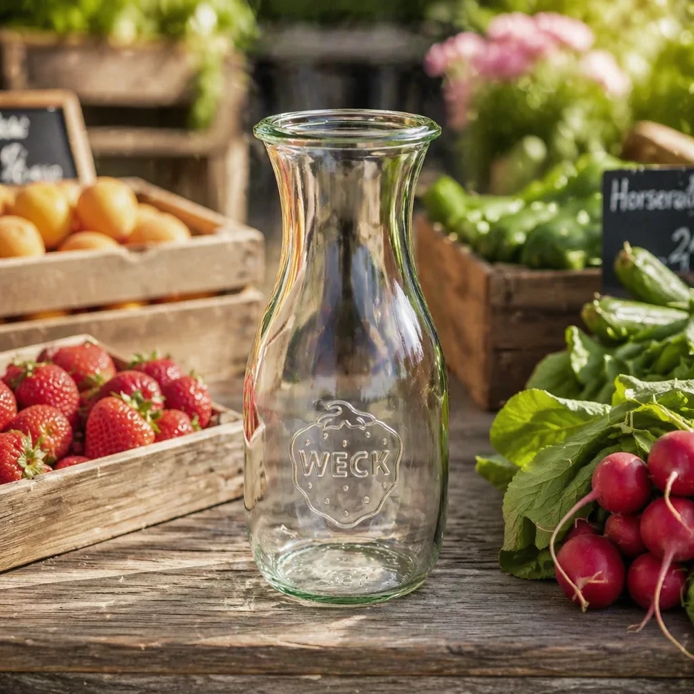 Botella de zumo WECK 530ml RR60 sobre una mesa de madera con fresas frescas, rábanos y verduras en una cocina rústica