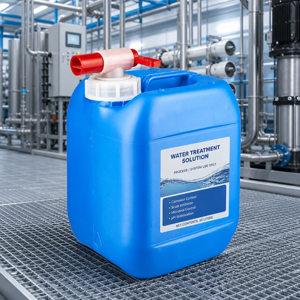 Bidón azul de HDPE de 5 litros con grifo de salida rojo para el tratamiento de agua en instalaciones industriales