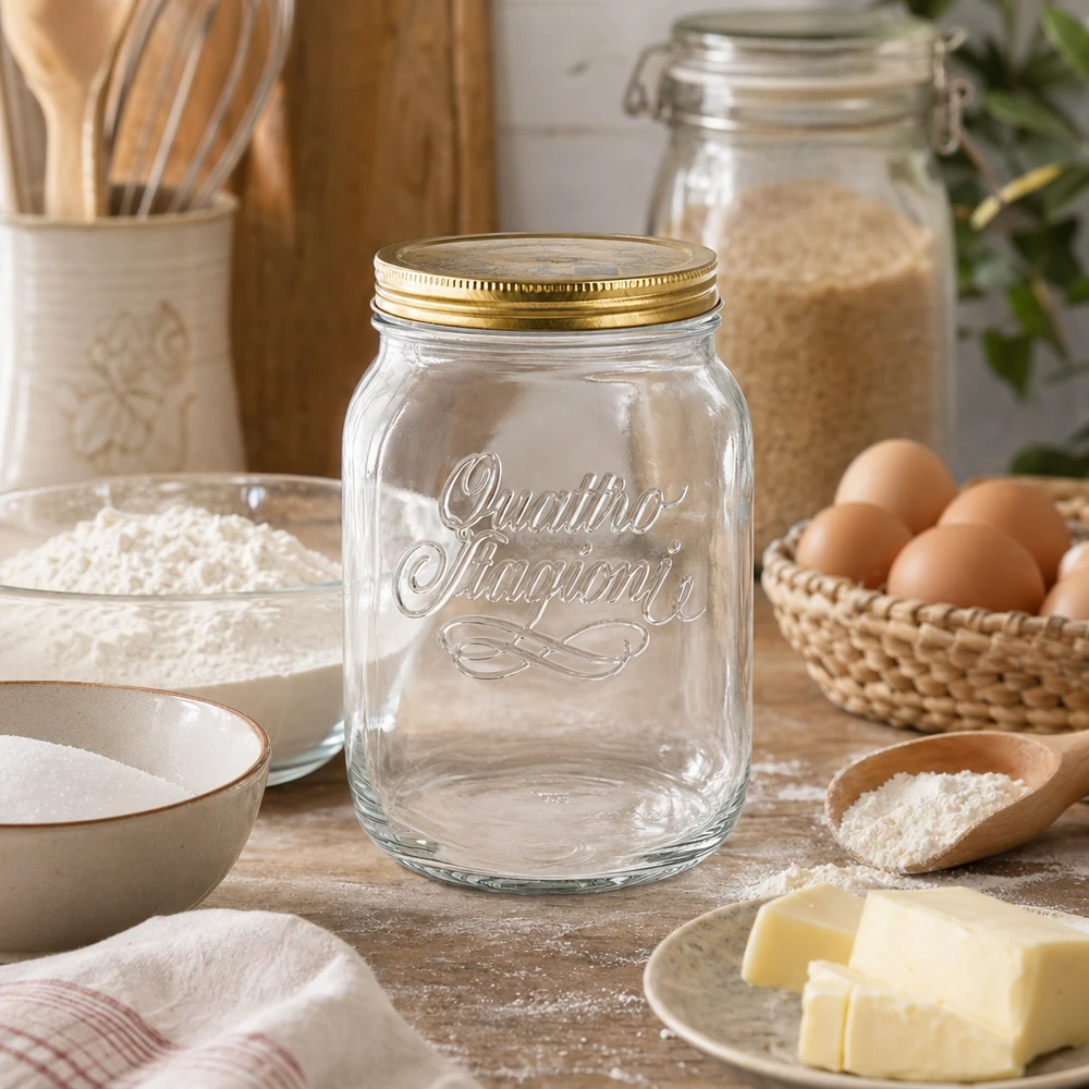 Tarro redondo "Quattro Stagioni" 2000ml con tapa Quattro Stagioni Tarro de conserva de 2000 ml en cocina rústica con ingredientes de repostería - Tarro italiano para harina