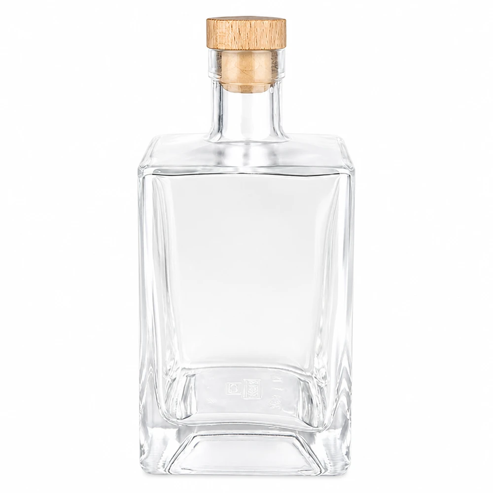 Botella de vidrio de 700 ml «Ben» con tapón de corcho con asa de madera UNiTWIST® Botella de vidrio de 700 ml Ben con asa de madera corcho UNiTWIST transparente vacía forma rectangular botella de whisky espíritus