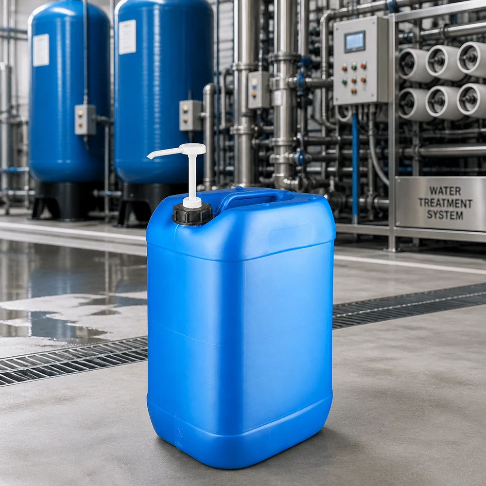 Bidón azul de 25 litros con bomba dosificadora situado delante de una planta de tratamiento de agua con un sistema de tuberías