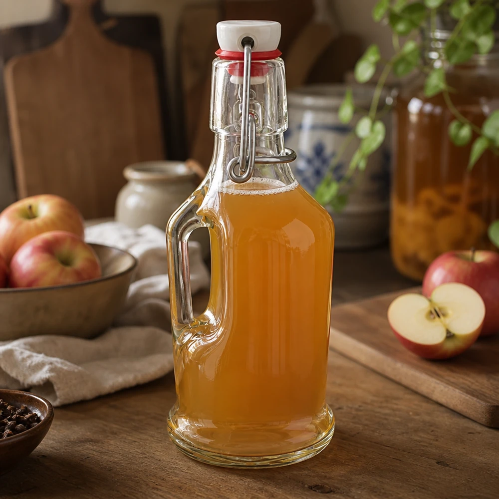 Botella de vidrio de 200 ml «Bertha» y tapón de PVC UNiTWIST® Botella de cristal Bertha de 200 ml llena de zumo de manzana, tapa basculante UNiTWIST, escena de cocina rústica con manzanas frescas
