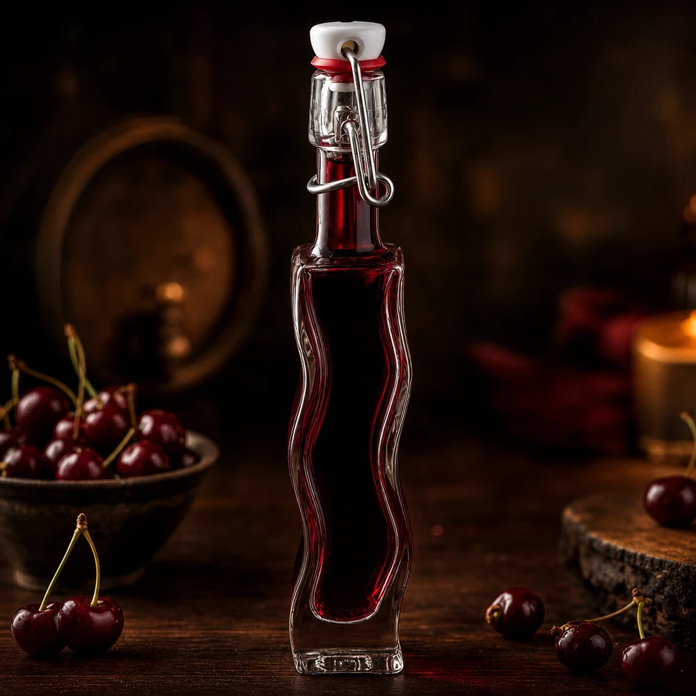 Botella de cristal Anna de 40 ml con líquido rojo cereza oscuro en un ambiente rústico de bodega con cerezas frescas