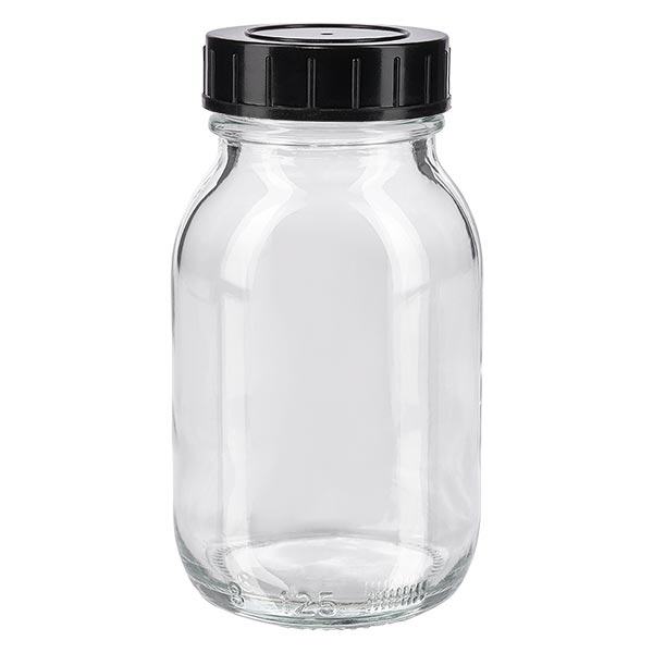 Frasco de 125 ml de cuello ancho de vidrio transparente con tapón de rosca Frasco de 125 ml de cuello ancho de vidrio transparente con tapón de rosca