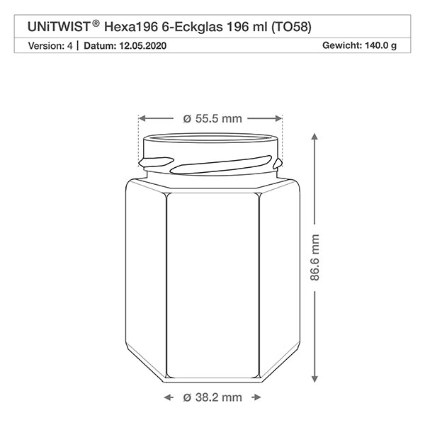 Tarro hexa 196ml sin tapa (TO58) UNiTWIST UNiTWIST Hexa196 tarro hexagonal 196ml TO58 rosca dibujo técnico con dimensiones 55.5mm diámetro