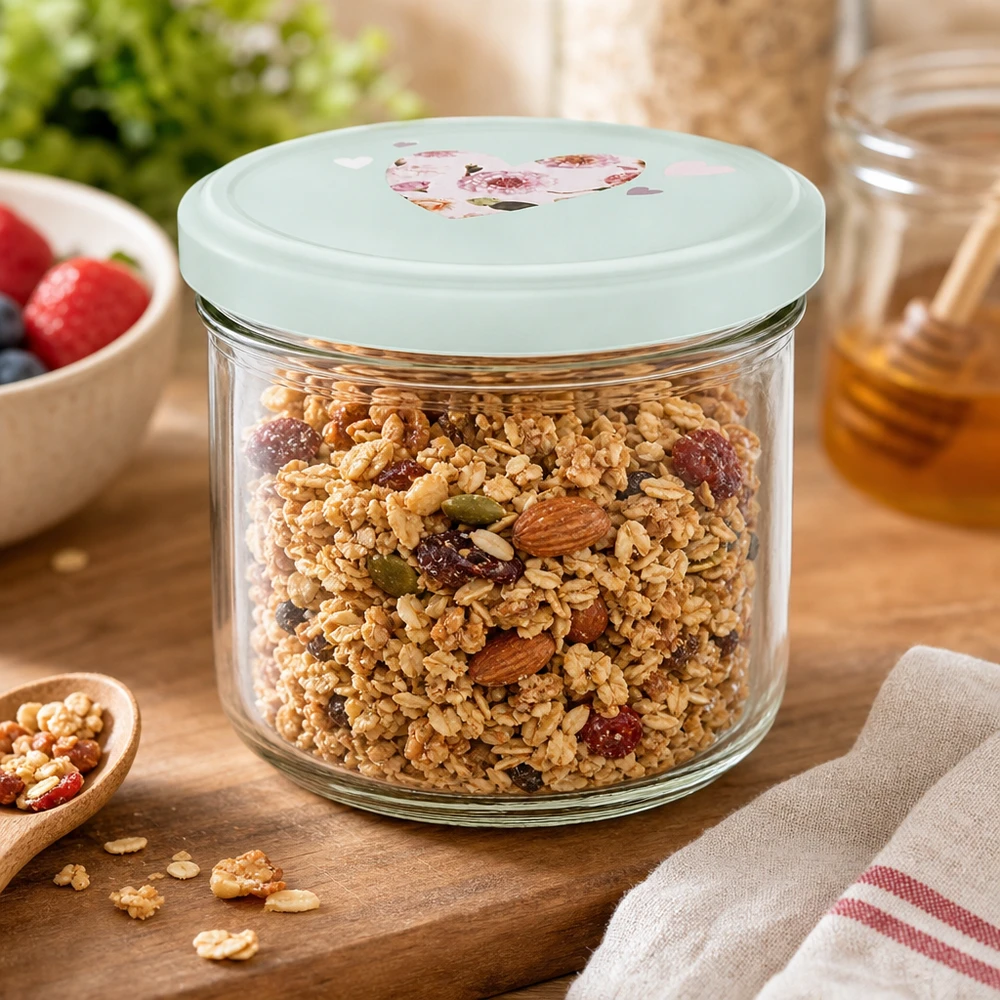 Vasos de 260 ml con tapa BasicSeal rellenos de muesli y frutos secos, tarro de cristal para cereales de desayuno
