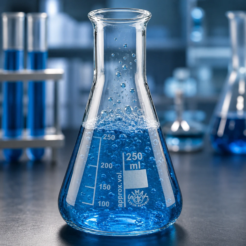 Matraz Erlenmeyer 250ml cuello estrecho Matraz Erlenmeyer profesional de 250 ml con líquido de prueba azul y formación de burbujas en el laboratorio de química