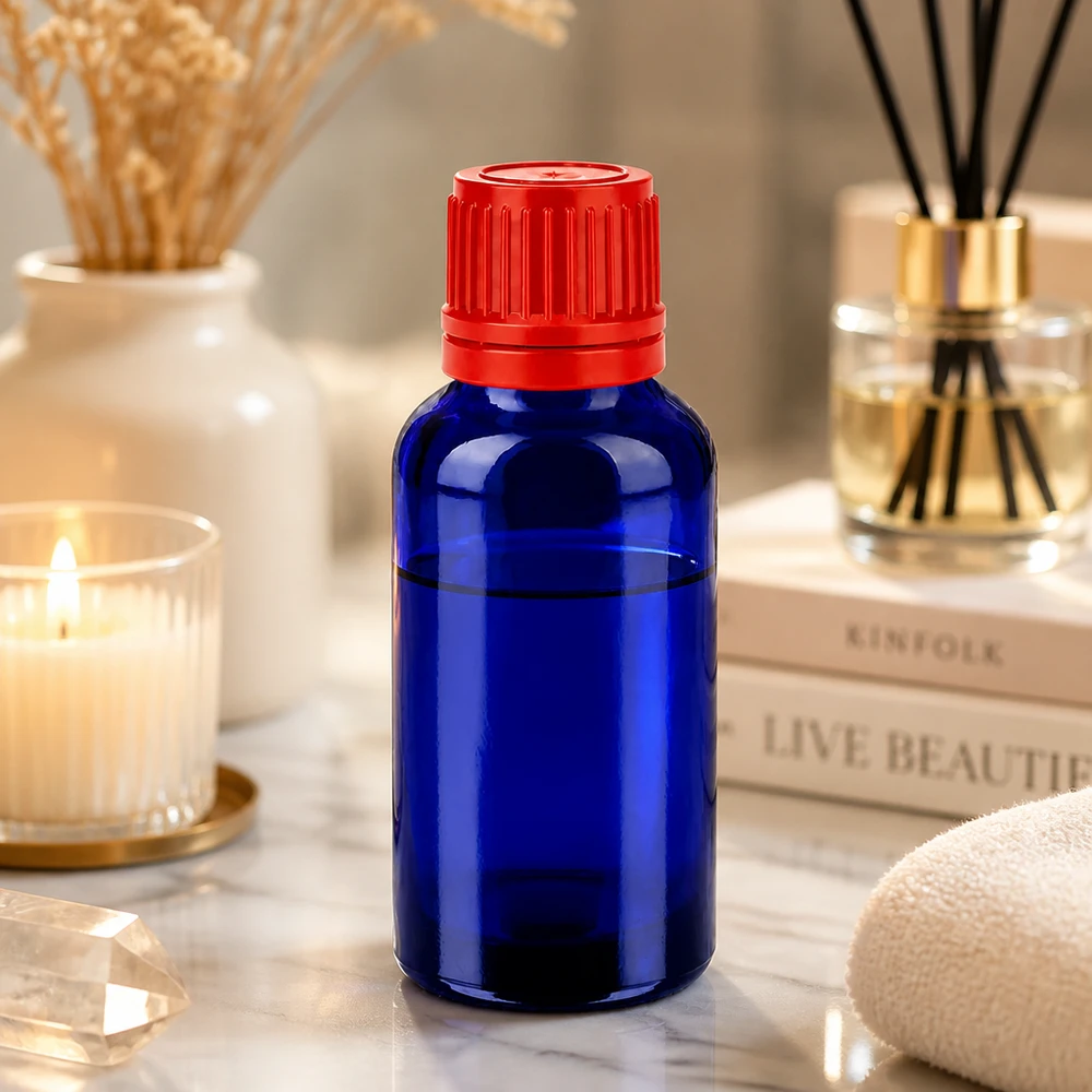 Frasco de vidrio azul cobalto de 30 ml con rosca UT18 para guardar esencias y tinturas de forma segura