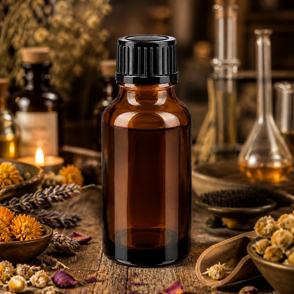 Botella de farmacia marrón 20ml tapón cuentagotas 1mm negro estándar Frasco cuentagotas STD de 20 ml de color ámbar, fabricado en vidrio de farmacia, con tapón negro y motivos de hierbas
