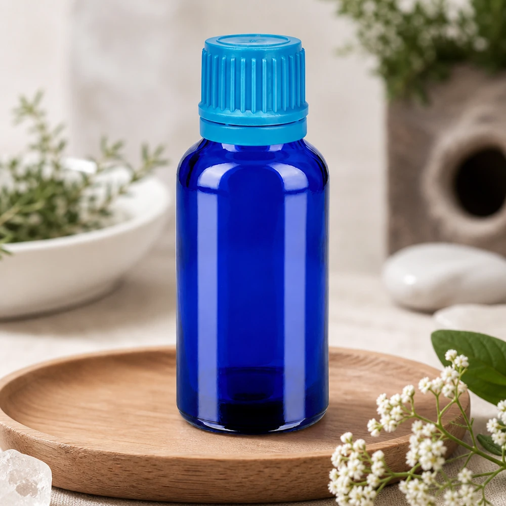 Botella 30ml tapón rosca 11mm azul cierre inviolable BlueLine UT18/30 Frasco boticario pequeño de 30 ml de vidrio azul con tapón a prueba de niños para un almacenamiento seguro