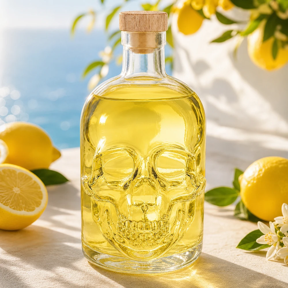 Botella de vidrio de 500 ml «Jack» con tapón de corcho con asa de madera UNiTWIST® Botella de cristal Skull 500ml con contenido amarillo y tapón de corcho, botella de licor decorativa Jack Design