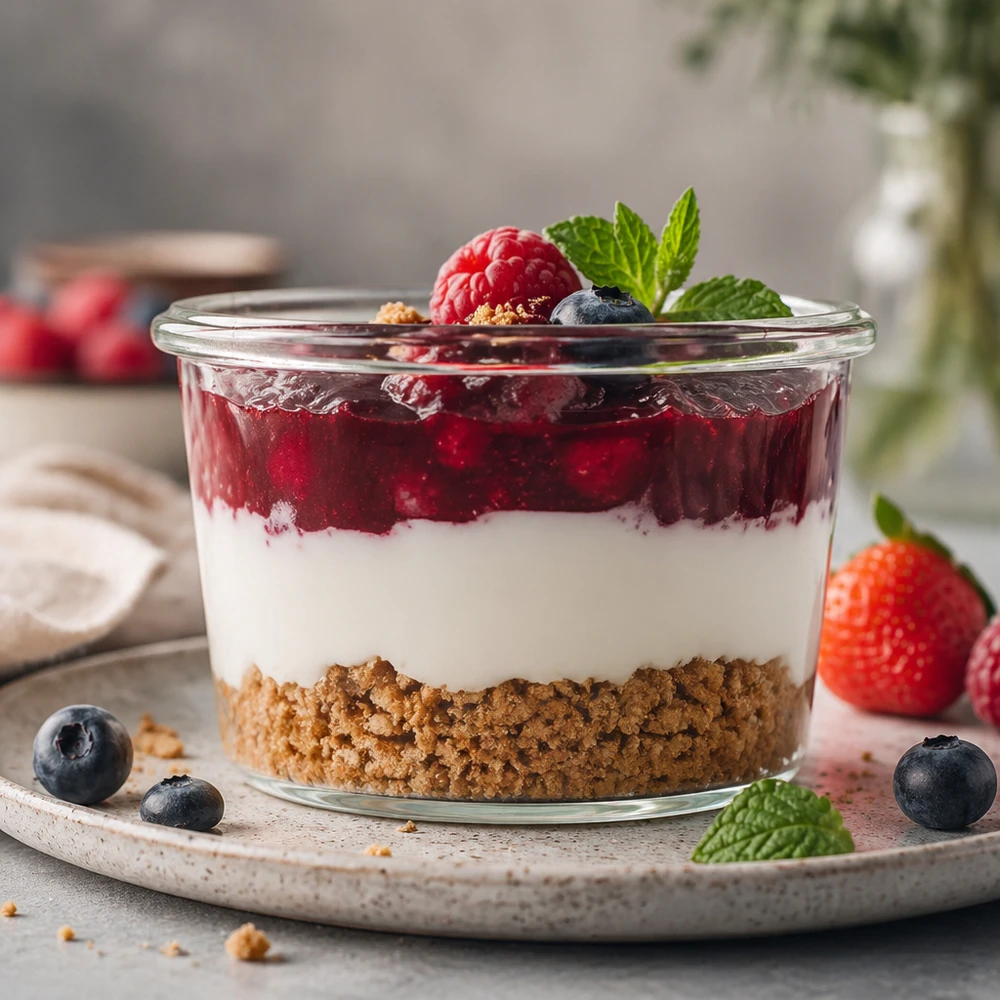 WECK Tarro de 35 ml con postre de capas de base de galleta, crema blanca y compota de bayas adornado con menta