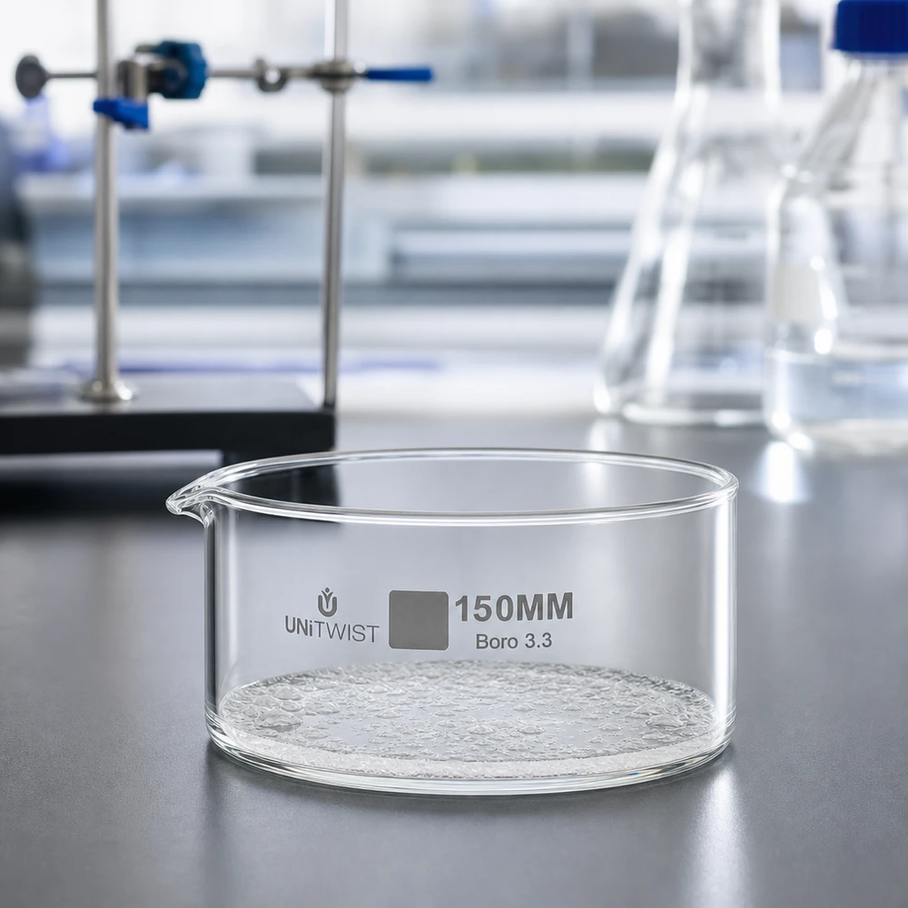 Recipiente de cristalización UNiTWIST de ø150 mm, de vidrio borosilicato 3.3, vacío, sobre una mesa de laboratorio con instrumental de laboratorio