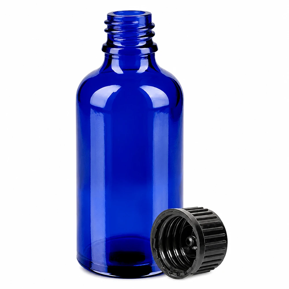 Frasco de vidrio azul de 50 ml con tapón de rosca para productos farmacéuticos y tinturas