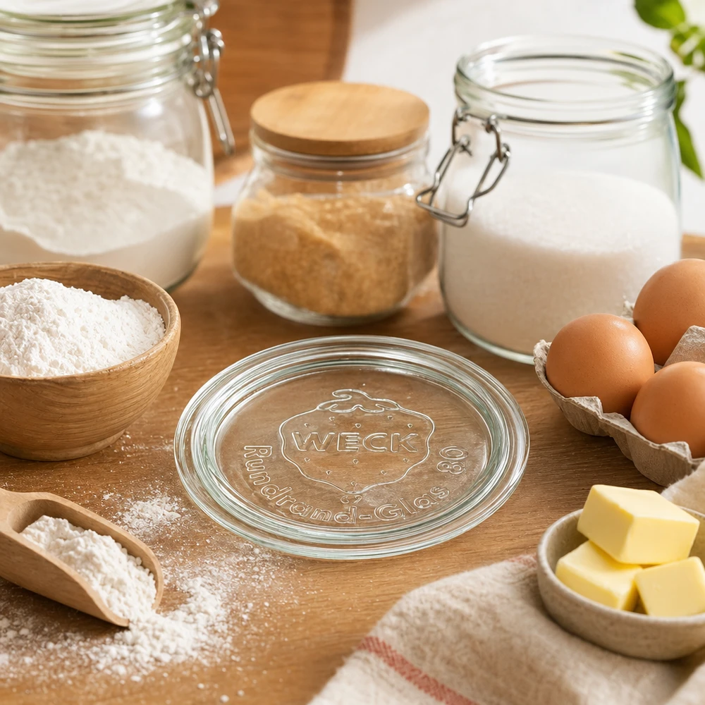 Tapa de cristal WECK RR80 rodeada de ingredientes para hornear como harina, huevos, mantequilla y leche en una cocina rústica sobre una mesa de madera.
