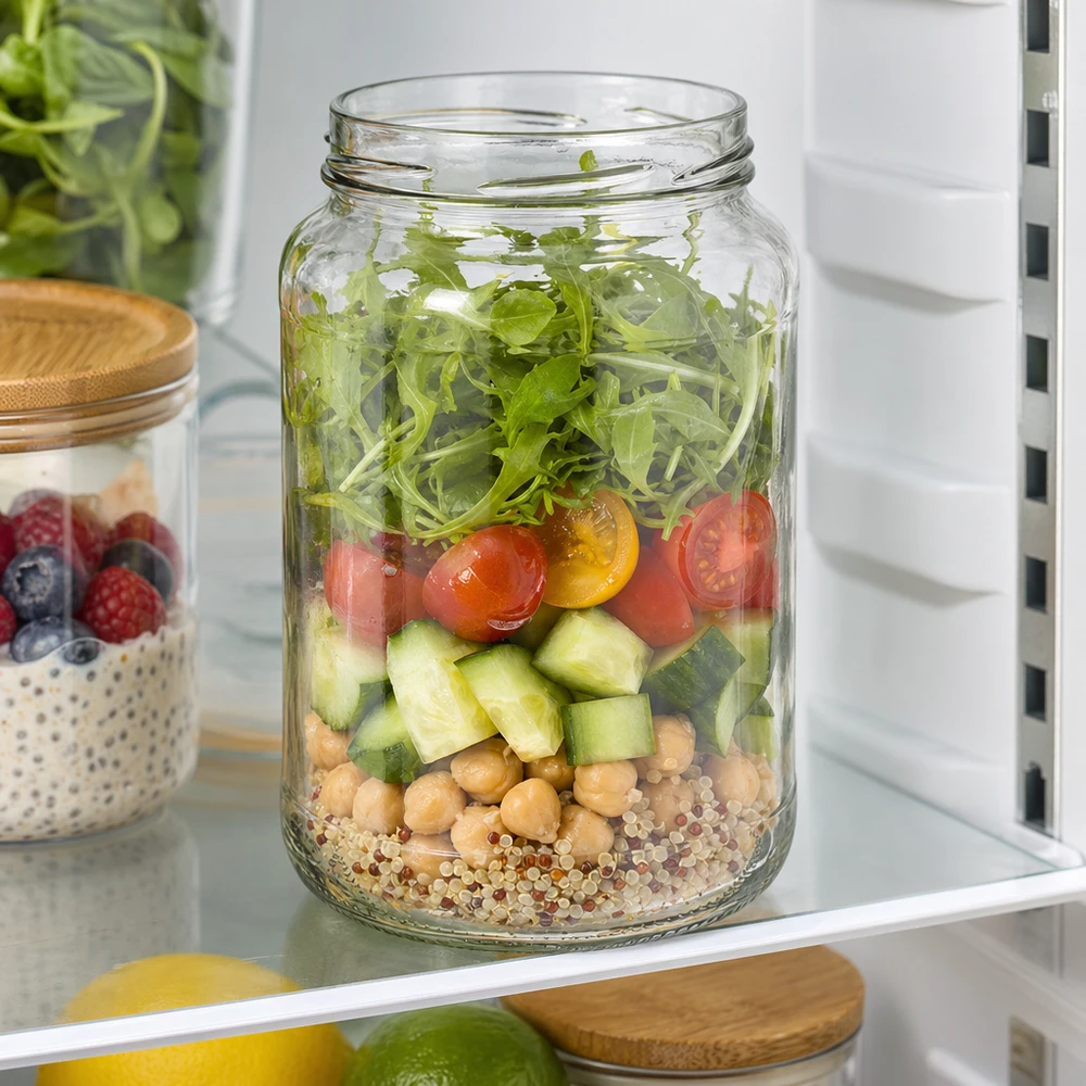 Tarro redondo de 1700ml sin tapa (TO100) UNiTWIST UNiTWIST Runda1700 vasos 1700ml TO100 con ensalada de capas quinoa garbanzos pepino tomates rúcula en la nevera