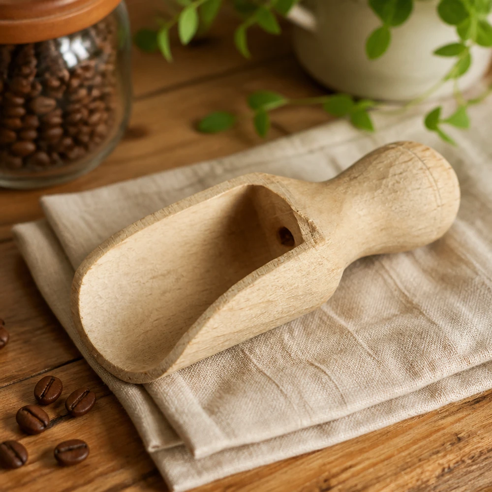 Cuchara de madera XS 5.2cm sobre tela de lino con granos de café y tarro de cristal en un ambiente de cocina natural