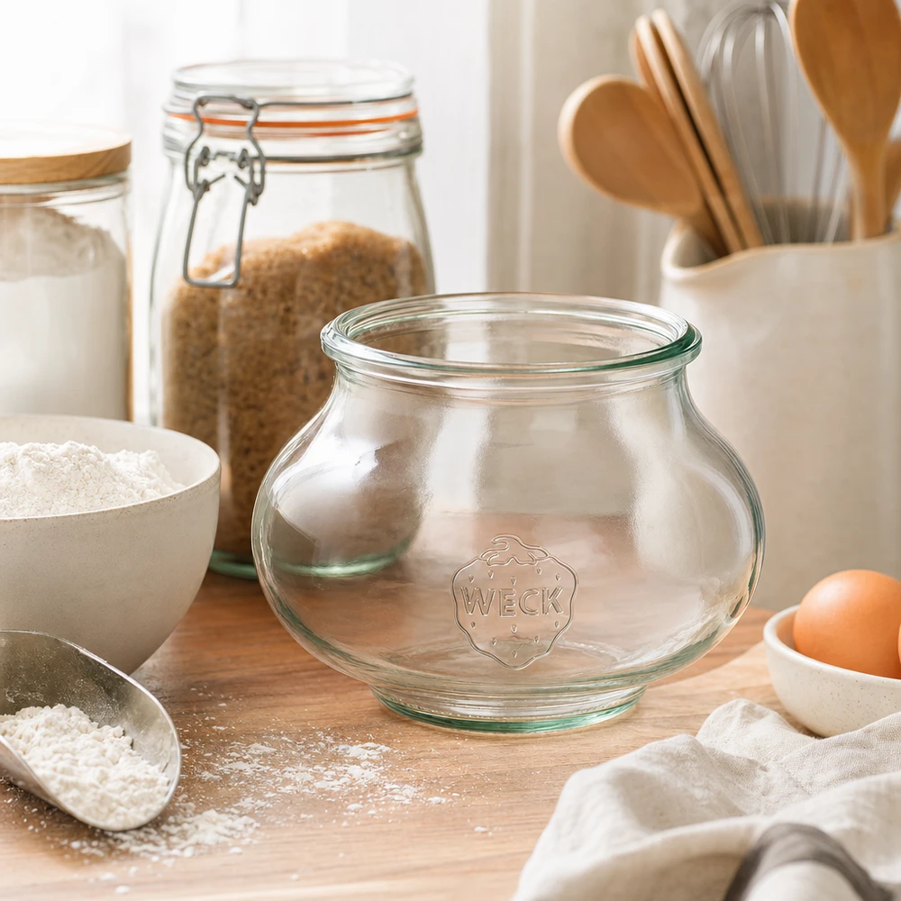 WECK tarro decorativo 560ml RR80 tarro vacío en escena de cocina con ingredientes de repostería harina huevos y utensilios de madera