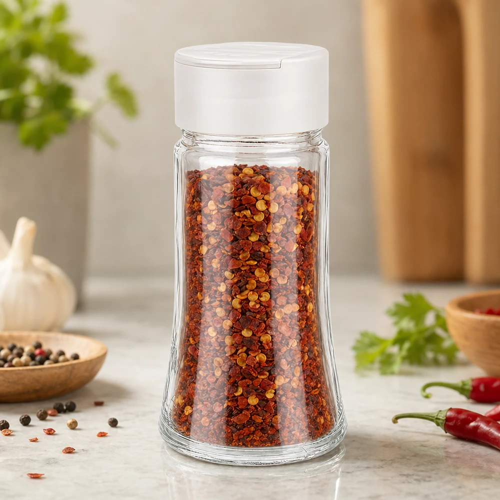 Salero de cristal de 95 ml, relleno de copos de chile, con tapa de plástico blanco y doble dispensador
