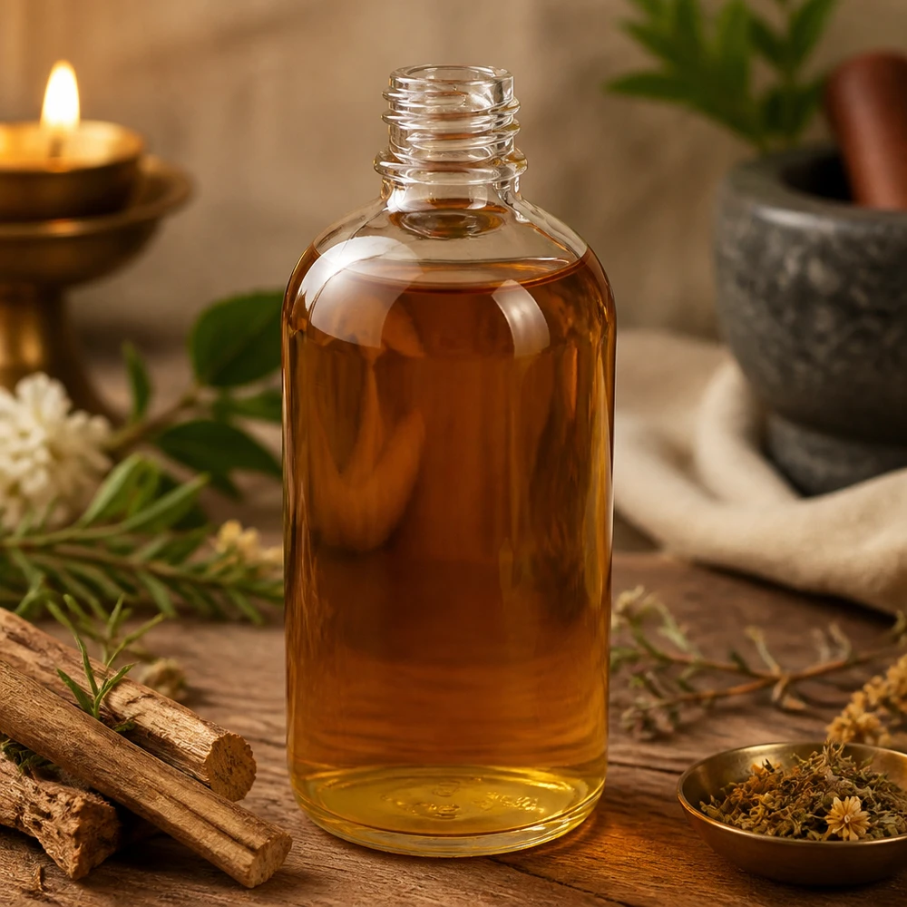 Frasco de farmacia ClearLine vacío de 100 ml, lleno de aceite dorado, entre hierbas y varillas de madera