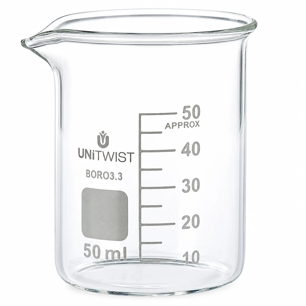 Vaso 50ml borosilicato, molde bajo UNiTWIST Vaso de precipitados de 50 ml de vidrio borosilicato, de forma baja con escala, UNiTWIST BORO 3.3, transparente
