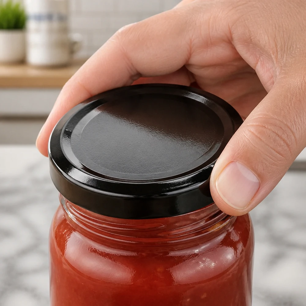 Tapa BasicSeal de 58 mm, negra (TO58deep) UNiTWIST La tapa BasicSeal de 58 mm, negra, modelo TO58deep UNiTWIST, se enrosca en un tarro de conserva con salsa de tomate.