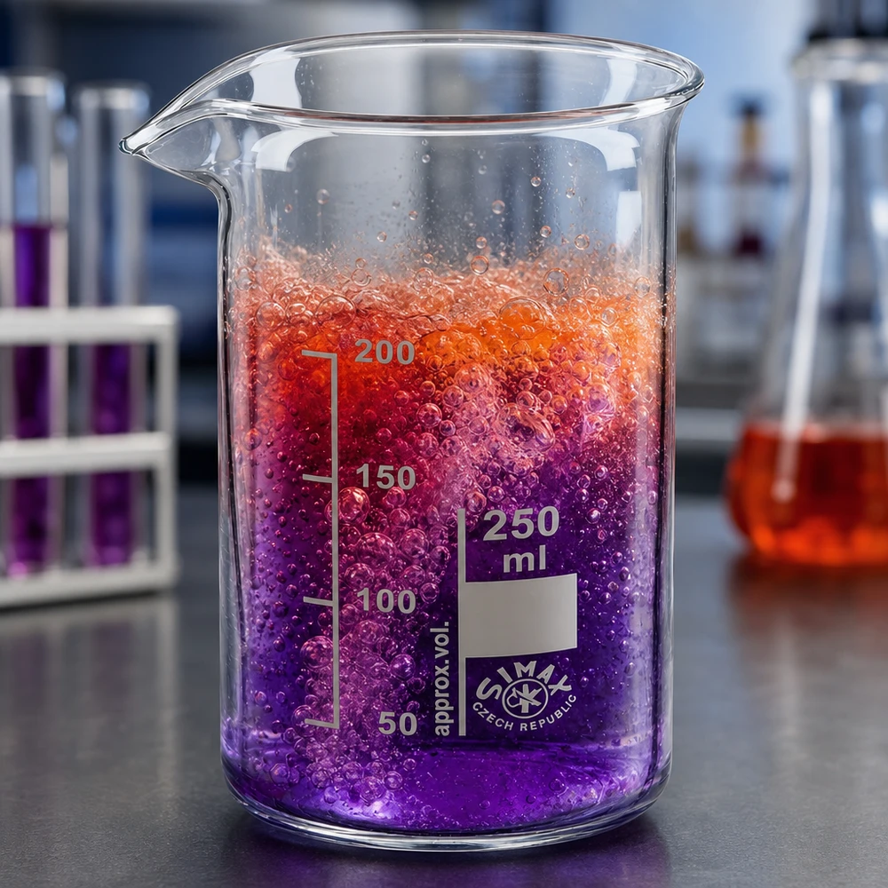Vaso de precipitados de 250 ml, de forma alta, con un líquido de reacción de color violeta y naranja y formación de burbujas en el laboratorio