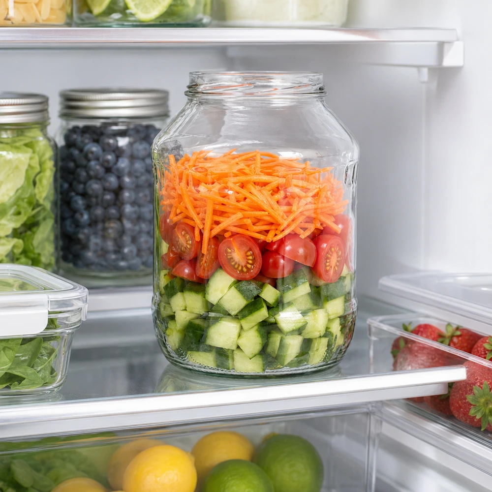 UNiTWIST Runda2650 vasos 2650ml en la nevera con ensalada de capas de pepino tomates zanahorias Meal Prep