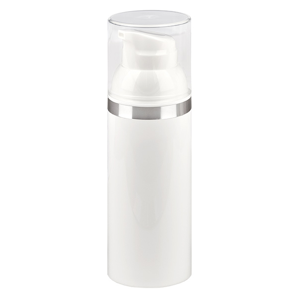 Dispensador airless de 50 ml blanco con relieve plateado Dispensador airless de 50 ml blanco con relieve plateado