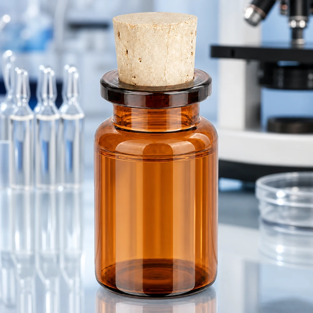 Frasco vidrio ámbar 5ml con tapón 11/14mm Robuste Braunglas Probenflasche 5ml mit Korkverschluss für pharmazeutische Anwendungen