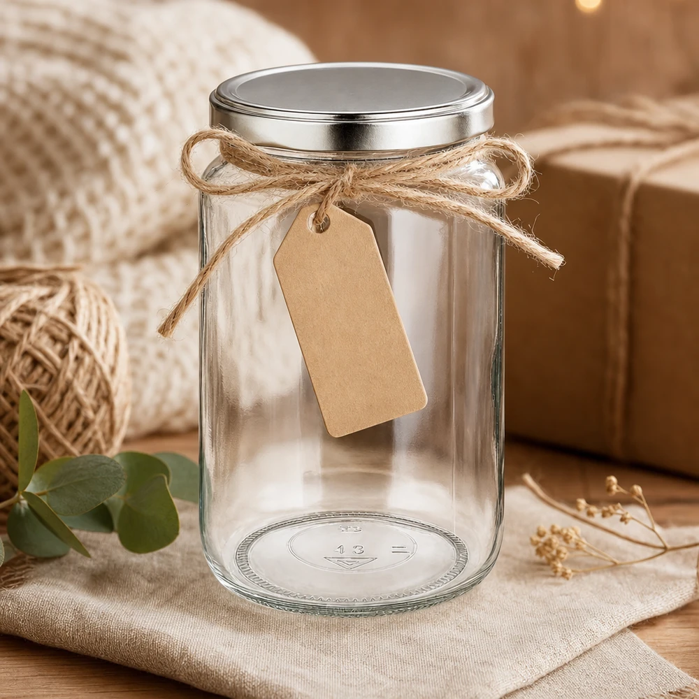 Tarro redondo de 795 ml con tapa BasicSeal decorativa con cordón de yute y etiqueta de regalo como envoltorio de regalo