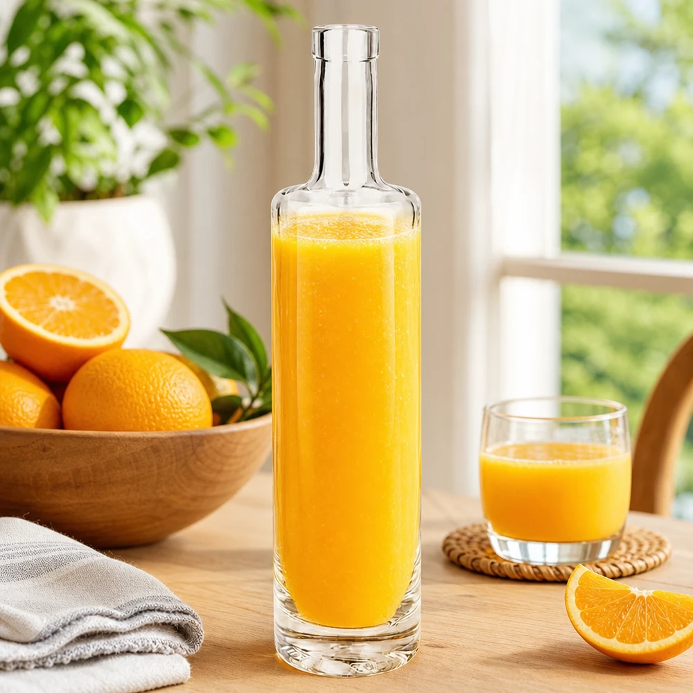 Botella de vidrio de 500 ml «Lina» sin tapón UNiTWIST® 500ml Glasflasche Lina mit frischem Orangensaft gefüllt zwischen Orangen und Glas in sonniger Küchenatmosphäre Bild 7