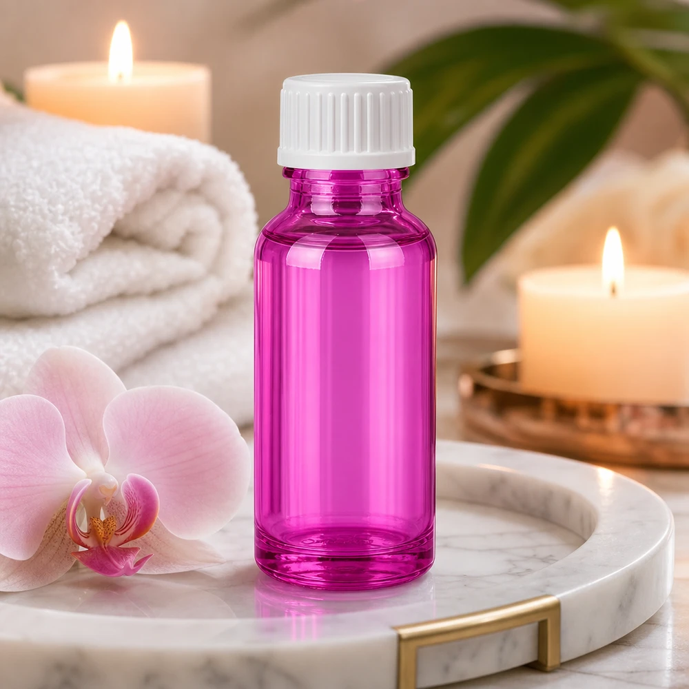 Elegante frasco cuentagotas de 20 ml de color morado brillante con tapón de rosca blanco para aromaterapia