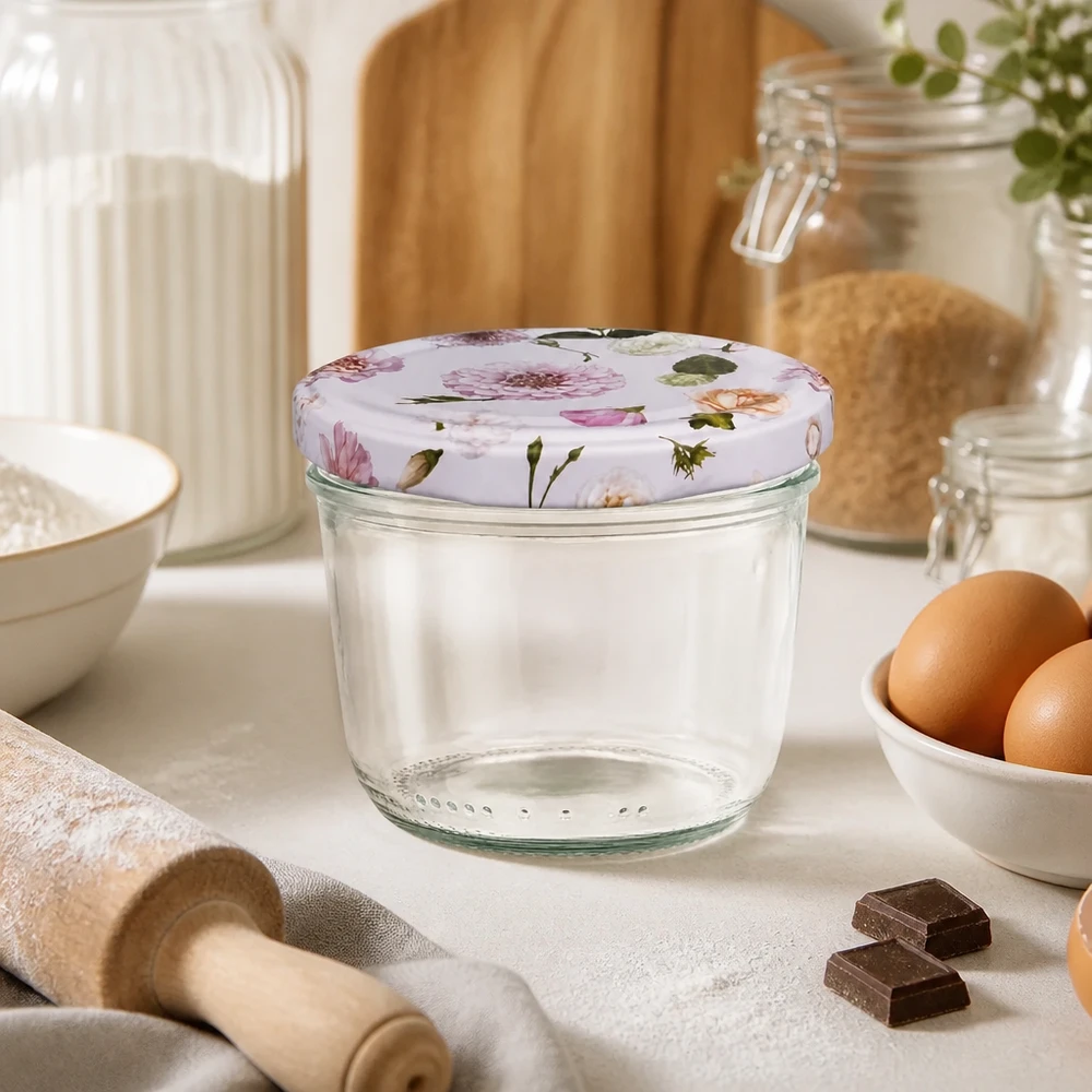 Vasos 230ml + tapa BasicSeal flor rosa UNiTWIST Vasos vacíos de 230 ml con tapa BasicSeal estampado floral rosa en escena de cocina con ingredientes de repostería y utensilios de cocina