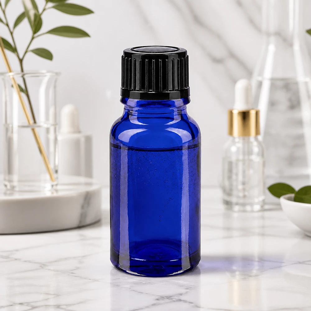 Botella de farmacia azul 10ml tapón cuentagotas 1mm negro estándar Frasco de cristal azul de 10 ml con abertura precisa de 1 mm y tapón ranurado negro para aplicaciones de laboratorio